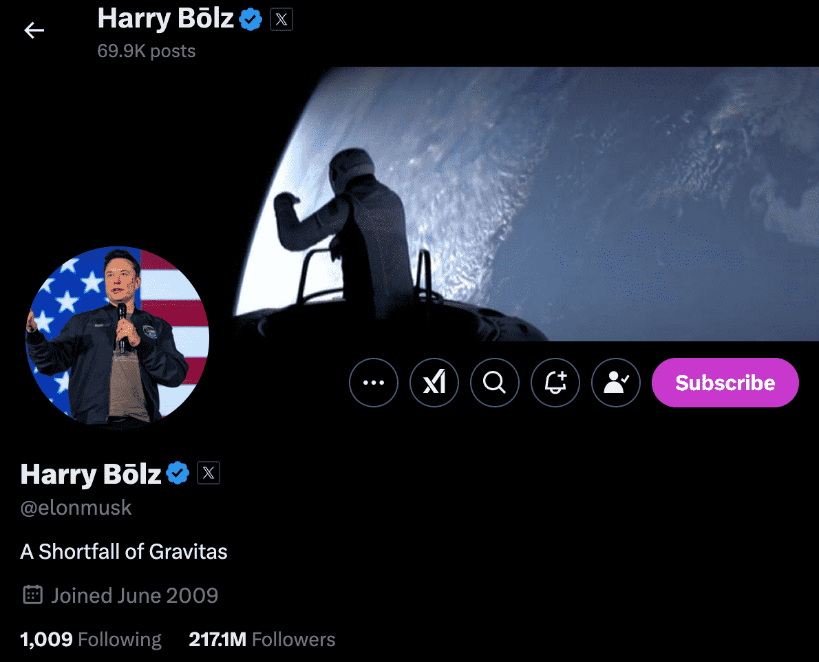 Why Elon Musk Changed his X handle name to Harry Bōlz